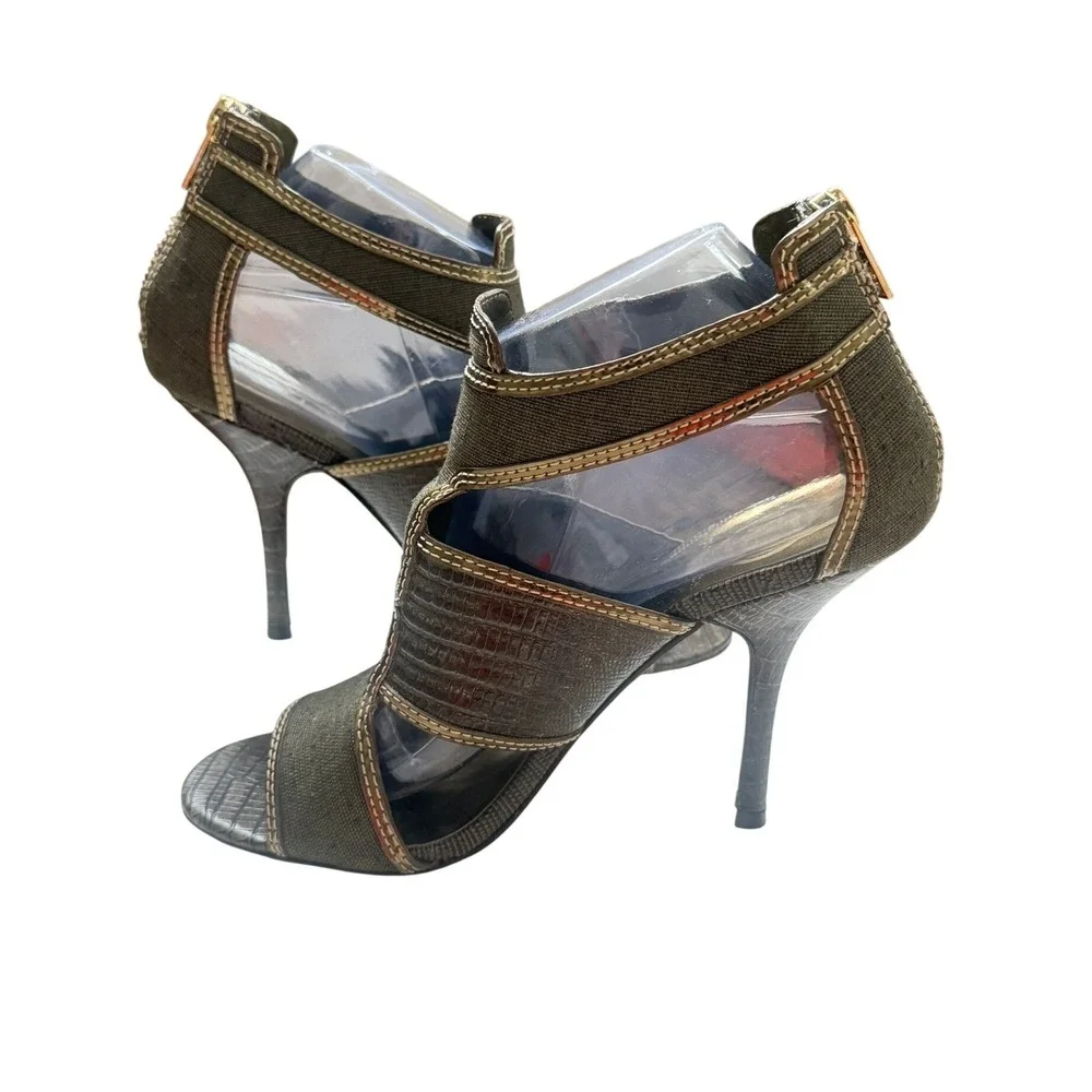 Tory Burch Edgy Statement High Heel Sandals Olive Green and Gold Size‎ 8
